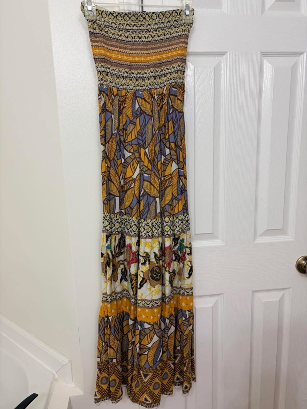 Women's Strapless Maxi Dress in Mustard Floral Print